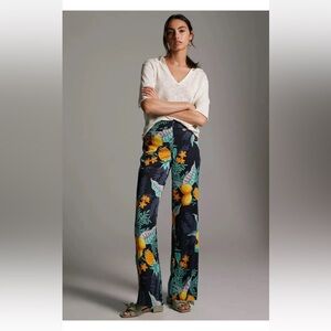 Anthropologie Maeve Escape Pants 10 Tropical Print Wide Leg Side Slit